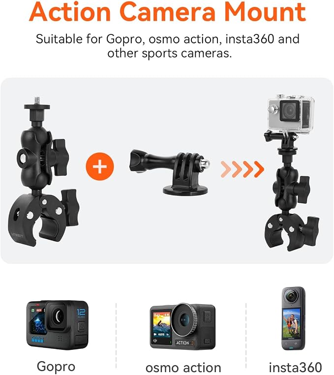 360° Dual Rotating Ball Head Handlebar Mount, Non‑Slip Support Clamp | Bike Bicycle Handlebar Action Camera Mount with 1/4" Screw, for Gopro Insta360 Tripod LED Lights Motorcycle Handlebar, Black - Image 2