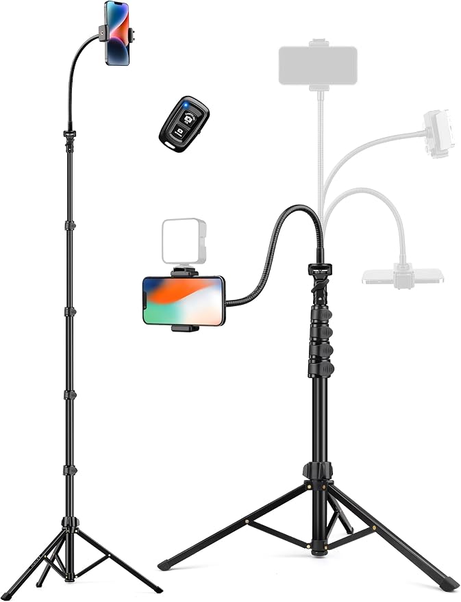 Phone Tripod, 86" Tall Tripod for iPhone with Flexible Gooseneck & Remote | Portable Aluminum Cellphone Stand for Selfies, Video Recording,Travel, Compatible with iPhone Android by Victiv