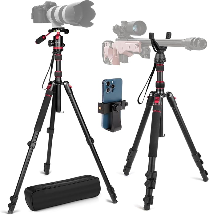 2 in 1 Camera Tripod & Hunting Stand Foldable, 68" Ball Head Tripod for Camera and Phone, Heavy Duty Tripod for DSLR Camera Lasers Binoculars Telescope Spotting Scope, Min Size 16.5" with Bag - Image 2