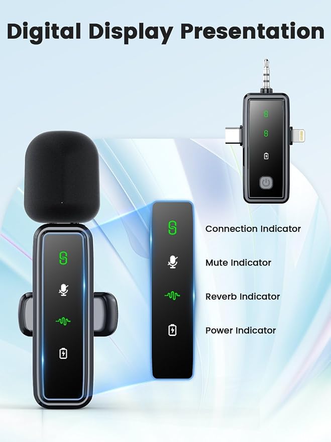 3 in 1 Wireless Lavalier Microphones for iPhone/Android/Camera, 2 Pack Mini Microphone LED Display Lapel Omnidirectional Mic with Mute/Reverb/Noise Reduction for TikTok/Podcast/Vlog Recording - Image 2