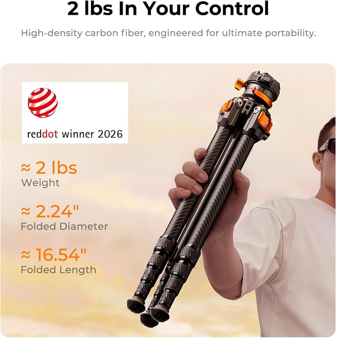K&F CONCEPT 60" Carbon Fiber Travel Tripod for Camera | 2.0lb Ultra-Light, Flexible Center Axis, 360° Pan/Tilt Ball, Arca QR Plate, Max Load 13.2lb, A225C2+BH-28R - Image 2
