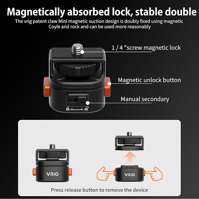 VRIG Magnetic Quick Release Mount Adapter with 1/4" Screw Thread for DJI Osmo Pocket 4 & Pocket 3,Insta360 X6/X5/X4/X3,Xtra Muse,1/4" Screw Hole for Tripod, Monopod - Image 2