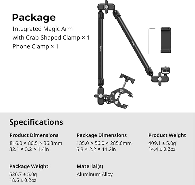 SMALLRIG 26" Magic Arm with Super Clamp, Overhead Phone Mount w/Cable Clip | Flexible Desk Camera Mount with 1/4" Screw and Cable Clip, Max Load 2.2lb, for iPhone/Action Camera/Video Light/Webcam/Mic - Image 8