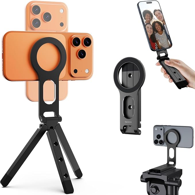 Magnetic Phone Tripod Stand for iPhone - Strong Magnet Foldable Cell Phone Stand for Vlog, Gym, Travel Essentials, Mini Tripod Phone Stand Compatible with iPhone 17 16 15 14 13 12 Series (Black) by SODI