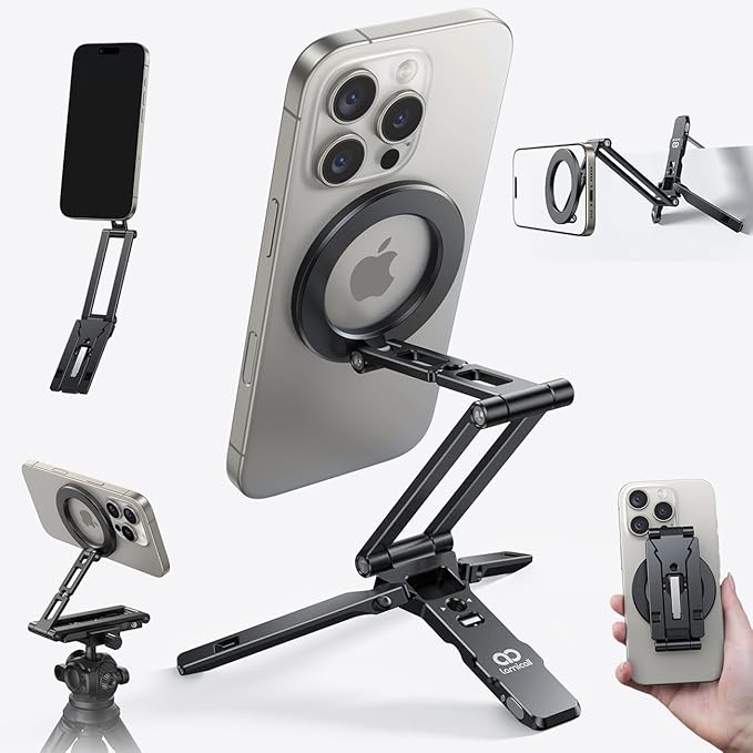 Lamicall for MagSafe Tripod Stand Ultra-Compact with 1/4" Screw, Arca, Hook | Aluminum Magnetic Tripod for iPhone, Flexible 20x Magnet Phone Stand Gift Accessories for Women Men for iPhone 17 16 15 Black by Lamicall
