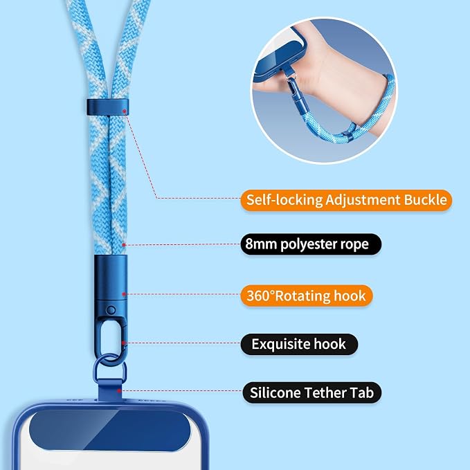 Phone Wrist Strap Lanyard Hand Universal Adjustable Phone Finger Grip Wristlet with Patche Tether Anti Theft for iPhone 16 Pro Max 15 14 Charms for Keychain USB Flash Drive Wallet ID Tag Blue-White - Image 3