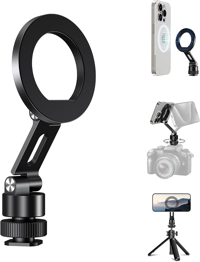elitehood Magnetic Camera Phone Mount, Magsafe iPhone Tripod Mount | 360° Rotatable Cold Shoe Base, iPhone Tripod Adapter 1/4” Screw & Hot Shoe, 180° Tilt Cell Phone Holder for Tripod Attachment by Builtyourelitelive