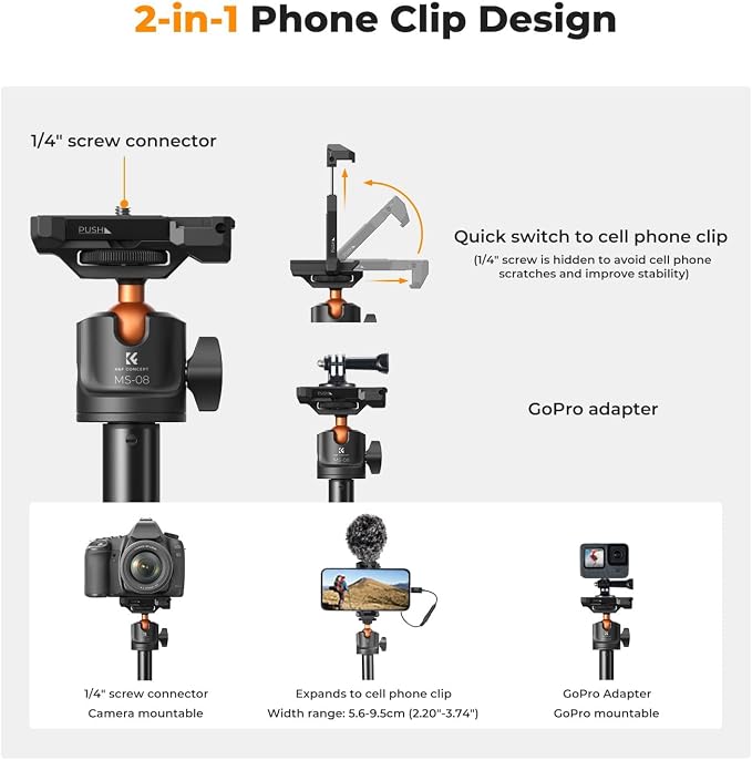 K&F CONCEPT 62'' Phone Selfie Stick Tripod | 360° Ball Head Camera Tripod with Remote, 2-in-1 Phone Holder Compatible with DJI Osmo Pocket 4/3 Insta360 Luna Ultra. MS08 - Image 3