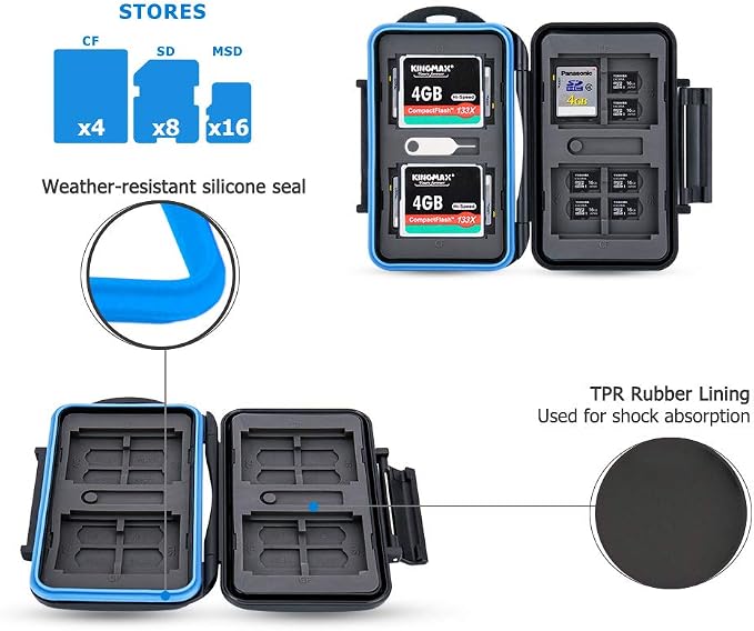 JJC Memory Card Case Holder for 4 CFast Compact Flash/8 SD/16 Microsd Card | 28 Slots CF Card Storage Case, IPX6 Water-Resistant & Shockproof, Durable ABS Shell with Rubber Interior, Includes Carabiner - Image 2