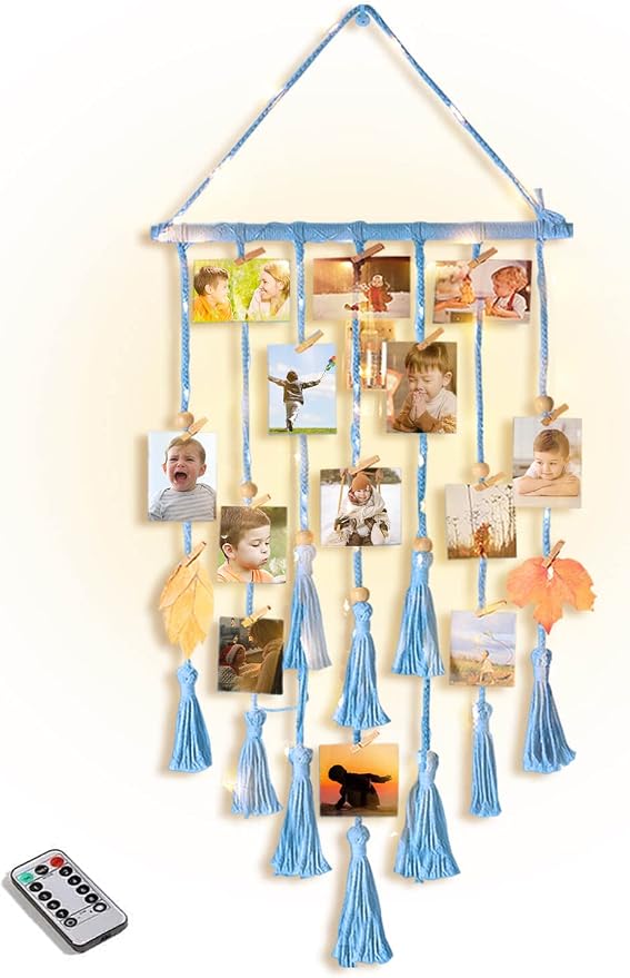 Homecor Hanging Photo Display Wall Decor, Blue Macrame Hanging Boho Room Bedroom Decor, Picture Frame Collage with Light & 30 Clips, Christmas Teenage Teen Girl Gifts Ages 10 11 12 13 14 Years Old by HOMECOR