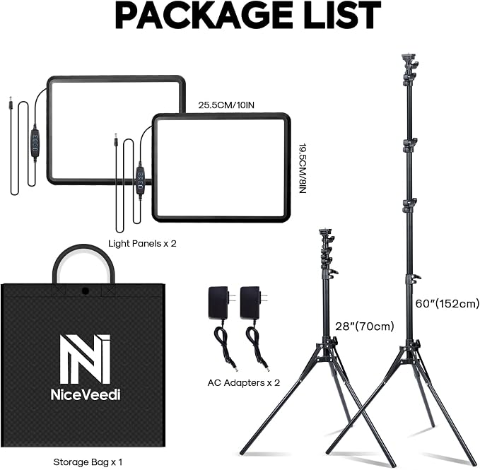 2-Pack Photography Lighting Kit, NiceVeedi 25W LED Video Light Kit, 2900-7000K Dimmable Studio Light with Tripod Stand, 73" Stream Light for Video Recording - Image 7