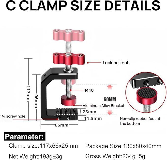 C Clamp Camera Mount with 1/4" and 3/8" Threads | Heavy Duty Aluminum C-Clamp Mount for Photo Studio Video Camera/ Tripods/Desktop/Table/Rods,Max 2.36 inches - Image 2