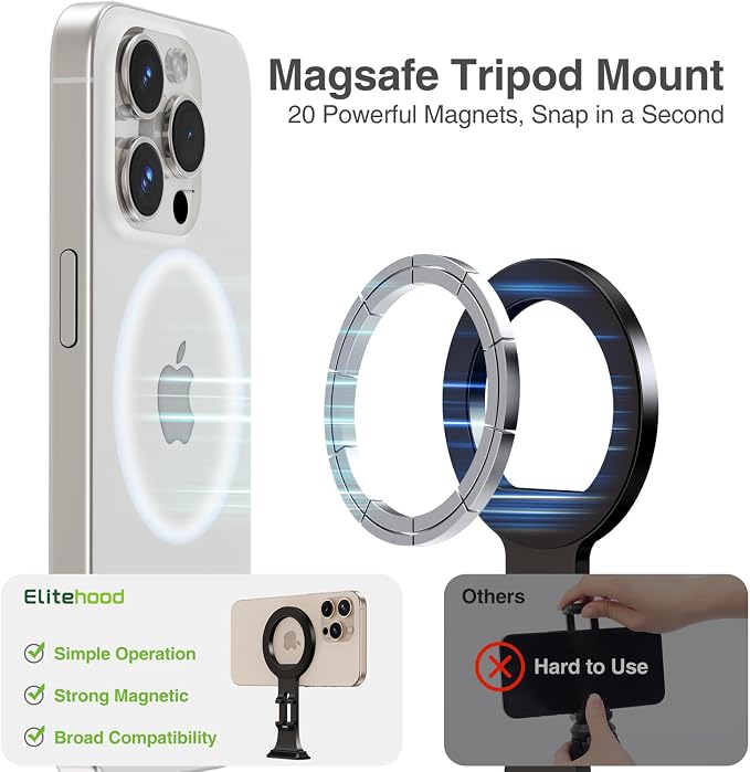 elitehood Aluminum MagSafe Phone Tripod Mount with 1/4 in Screw Adapter | Lightweight Compact, 1/4 in Screw Attachment, Magnetic Phone Holder Tripod Accessories Mount for iPhone 17 16 15 14 Series - Image 2