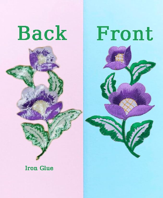 5 Pairs Floral Iron on Applique Flower with Green Vine Embroidered Patch for Collar Dress Accent Shoes Jeans Sewing Accessories Embellishment (Red) - Image 3