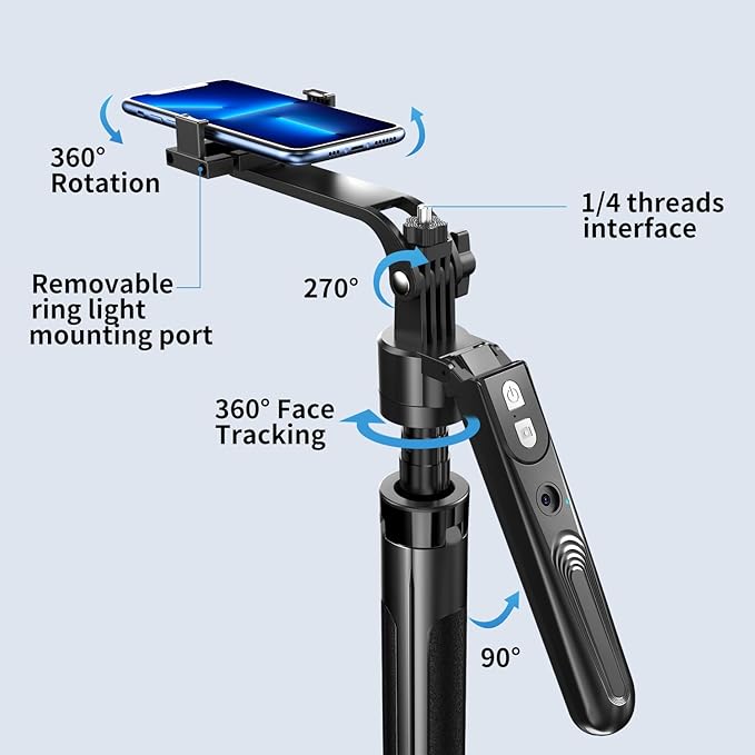 70.9" Auto Face Tracking Selfie Stick Tripod for iPhone with Light, No App, 360° Rotation Tripod that Follows Your Movement with Remote Control for Vlog/Live Stream/Video Recording - Image 4