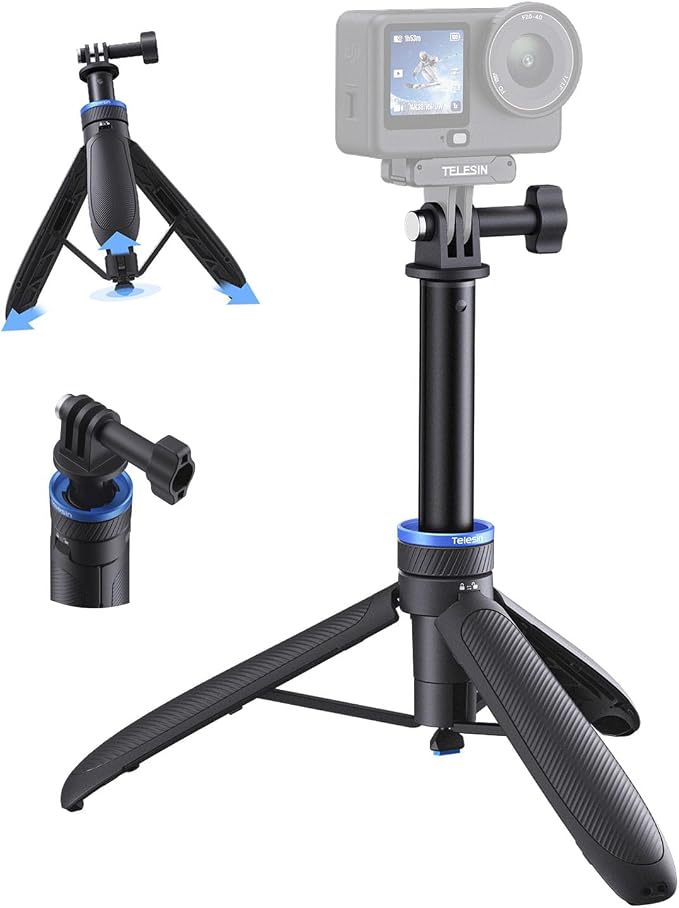 TELESIN 0.1s Auto Open Mini Selfie Stick Tripod for All Action Camera | 65cm/25.5in Tripod for DJI Osmo Action 6 5 Pro 4 3 Nano Pocket 4 3 GoPro HERO 13 12 Black Insta360 Luna Ultra X5 X4 Xtra Edge by telesin