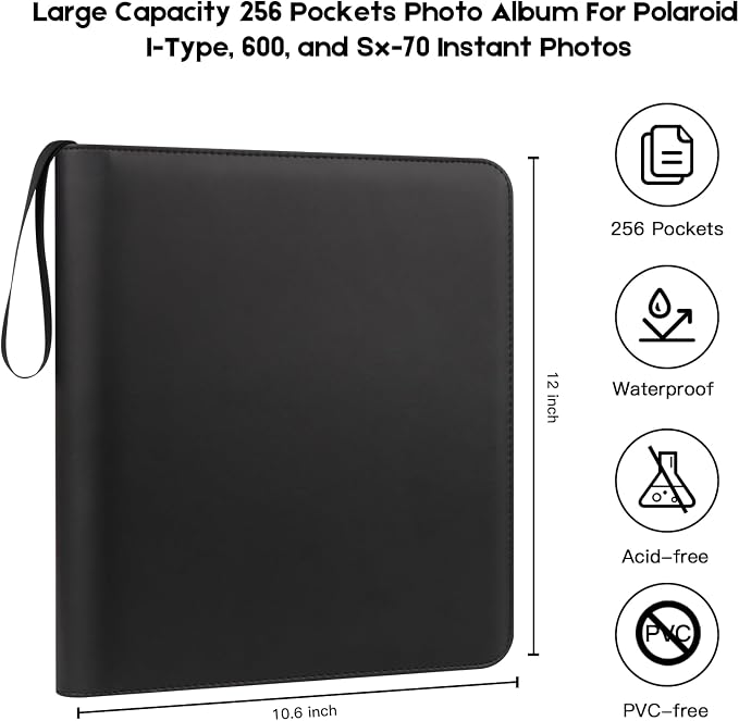 Veicevol 256-Pocket Album for Polaroid i-Type, 600 & SX-70 Photos, Black | Designed for Fujifilm Instax Wide Photos, Water-Resistant PU Leather Cover, Zipper Closure, Securely Holds Up to 256 Photos - Image 2
