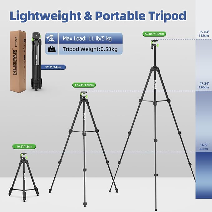 Huepar 60-Inch Lightweight Tripod Portable Adjustable Laser Level Tripod | 3-Way Swivel Pan Head, 2 Bubble Levels, 1/4" and 5/8" Thread Mount for Varieties Tools, Only for Indoor Basic Work - Image 2