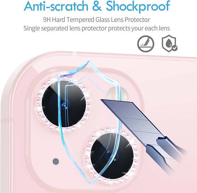 for iPhone 13/13 Mini Camera Lens Protector Bling Diamond, Pink | Individual Metal, 9H Hardness, Scratch Resistant, Shockproof, Drop Protection, Case Friendly, Stylish Accessories - Image 7