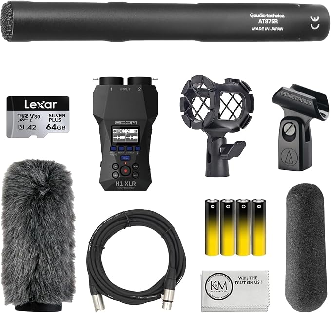 Audio-Technica AT875R Short Shotgun Microphone Bundle with Zoom H1 XLR Handy Recorder + 64GB Memory Card + Shockmount + Fur Windshield + XLR Cable + 4 AA Batteries (8 Items) by Unknown