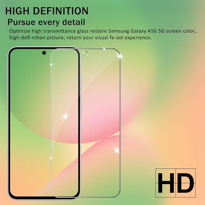 Galaxy A56 HD Clear Tempered Glass Screen Protector + Camera Lens Protectors, [2+2 Pack] [3D Glass] [Anti-Glare] [Bubble-Free] Screen Protector Glass For Samsung Galaxy A56 - Image 6