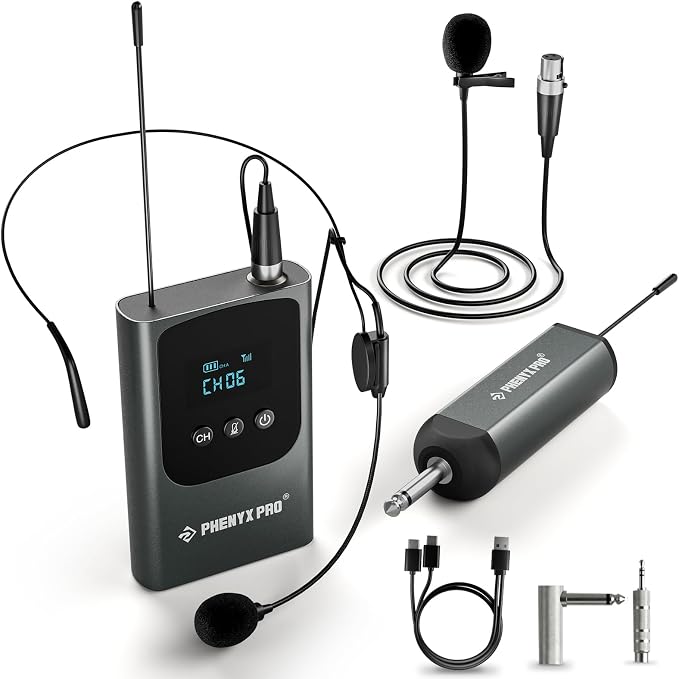 Phenyx Pro Single Digital Headset/Lapel/Lavalier Microphone System PDP-1-1B | Bodypack Transmitter, Mini Receiver, 15 Channels, Hands-Free Vocals, Karaoke, Church Services, Weddings, 900MHz by PhenyxPro