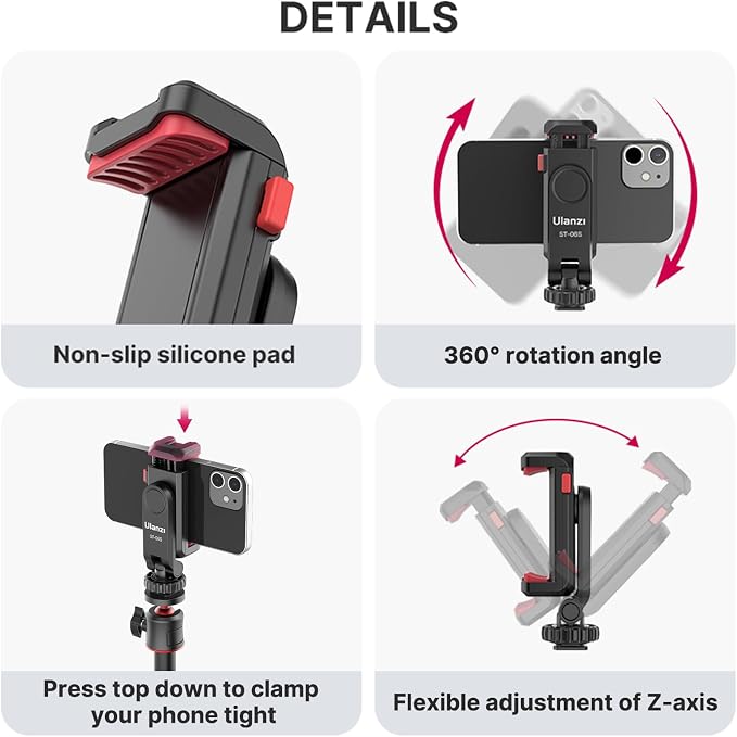 ULANZI ST-06S Phone Tripod Mount, Universal Phone Mount w 2 Cold Shoe | 1/4" Screw, 360° Rotates 180° Tilts, Adjustable Cellphone Clip Clamp Holder for Tripod, Camera, iPhone 17/16/15, Android - Image 5