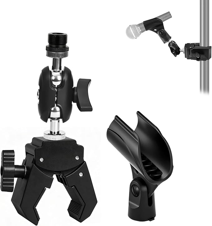 Mic Crab Clamp Microphone Mount, Desk Pipe Pole Clamp Mic Mount with Dual Ball Head Adjustment 1/4" to 5/8" Thread, Fits Mic Stand, Drum Stand, Desktop Shelf by Unknown