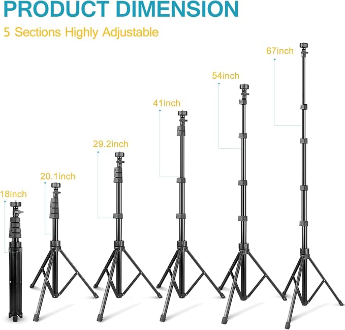 Aureday 67" Phone Tripod, Extendable Cell Phone and Camera Tripod Stand with Wireless Remote & Phone Holder, Aluminum Selfie Stick Tripod - Image 2