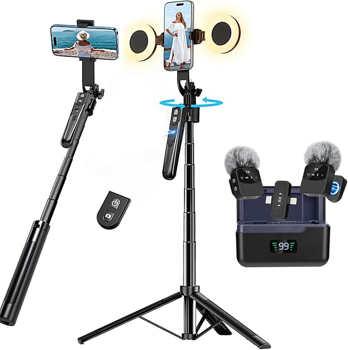 Professional Vlogging Kit for iPhone/Android, 70”Auto Face Tracking Tripod for iPhone with Light, 25H Battery Life Wireless Microphones,Content Creator Kit for TikTok/YouTube Starter by Zarcaco