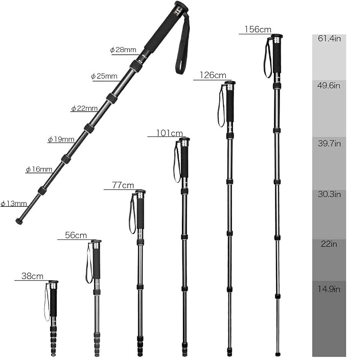 Koolehaoda 61" Camera Monopod, Aluminum 6-Section Portable Travel - Black | Folds to 15" Compact Telescopic Unipod Stick for Mirrorless & DSLR Camera, Lightweight Easy to Carry Photography - Image 3