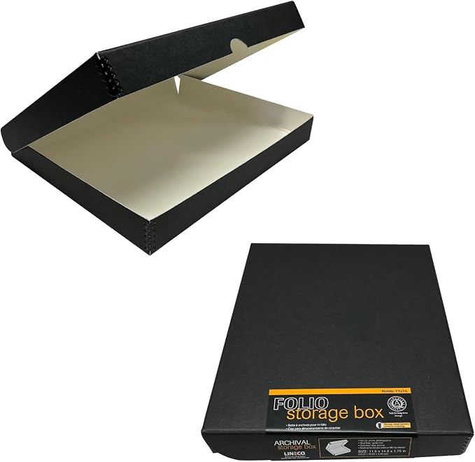 Lineco Clamshell Archival Storage Box, 11x14x1.75 Inch, Black, Pack of 2 | Acid-Free with Metal Edge Boxboard, Organize and Store Photos Documents Cards Negatives Magazine Prints Family Records DIY by Lineco