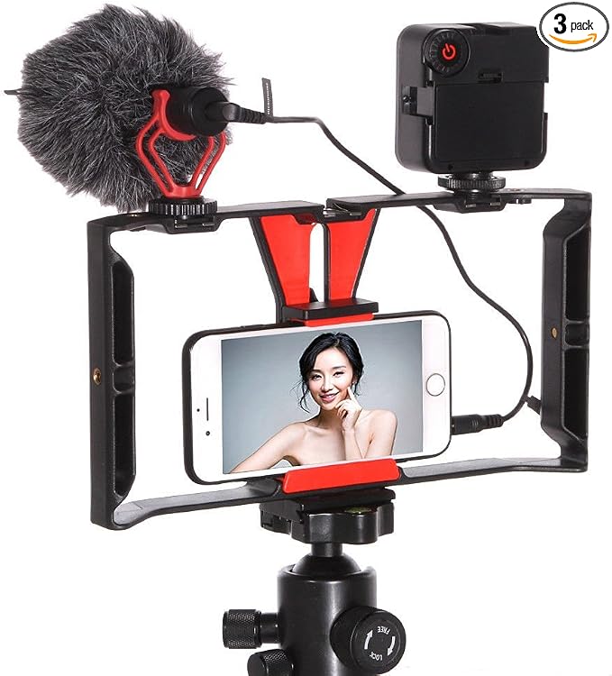 FocusFoto Smartphone Video Rig Camera Cage Mount Holder Stabilizer Handle Grip with BOYA by-MM1 Shotgun Microphone Mic + 49 LED Light Kit for Mobile Phone iPhone Filmmaking Professional Videomaker by FocusFoto