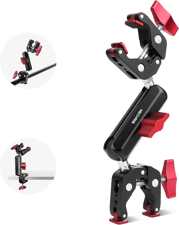 Super Clamp Double Camera Clamp,Dual Clip Mount with Magic Socket Arm - 3/8" & 1/4" Screw, Heavy-Duty Clamps for Desk & Cross Bars& Tripod & Handlebar,All Metal -Max Load Capacity 8.8LB,JC010 by Mechrig