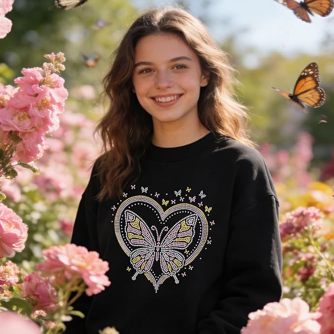 1 Pc Butterfly Heart Iron on Rhinestones Transfer, Pink Hotfix Iron on Patch Transfer Decals Crystal Heat Transfer Clothing Repair Decor for T-Shirt Jeans Jacket Party Decor - Image 4
