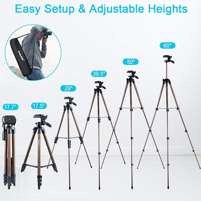Endurax 60'' Tripod for Camera Canon Nikon DSLR, Camera Phone Tripod with Universal Holder, Carry Bag, Max. Load 6.6 lbs | 360° Pan Head, Universal Phone Holder & Carry Bag; Lightweight Aluminum for Easy Travel - Image 6
