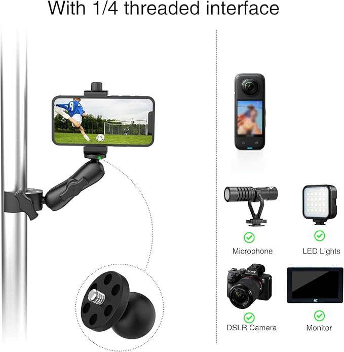 Super Camera Clamp Mount 3.6" Socket Arm 360°Ball Head Magic Arm 1/4" Thread for Canon Nikon/Digital Camera/DSLR/Gopro/Insta360/LED Light(Gopro Adapter,Phone Holder) - Image 2