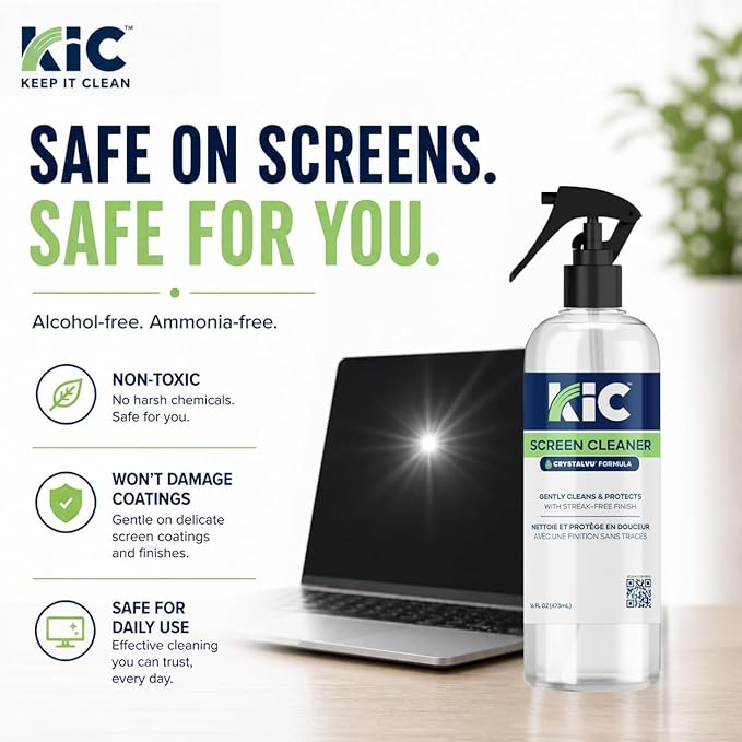 KIC CrystalVu Screen Cleaner Spray Kit (16oz) with Microfiber Cloth | Streak-Free Cleaner, For TV, Phone, Laptop, Monitor & Tablet Screens, NSF Certified Safe Formula - K2-KCV16Z1 - Image 2