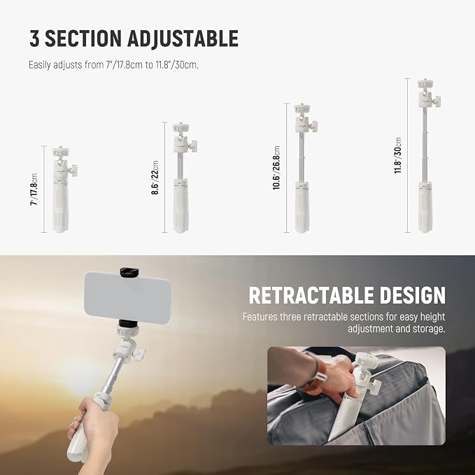 NEEWER Basics Mini Desk Selfie Stick Tripod Compatible with iPhone GoPro Insta360 DJI, Portable Small Camera Webcam Android Cell Phone Holder Ball Head Elevated Axis Video Recording Stand, TP43 White - Image 2
