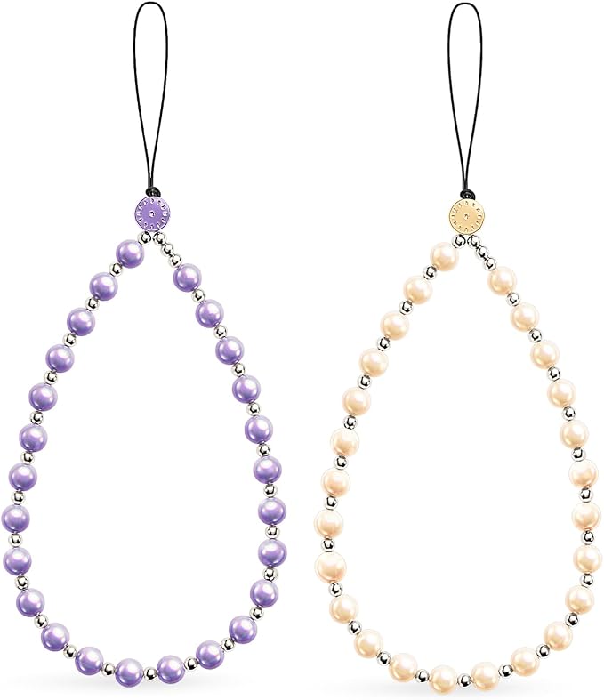 2 Pcs Phone Charm Beaded Strap Cute Cell Phone Wrist Straps String Accessories Hand Aesthetic Lanyard Wristlet Chain for iPhone 17 Pro 16 Camera AirPods Bags Keychains Women Girls Pearl Gold and Puple by Casecond
