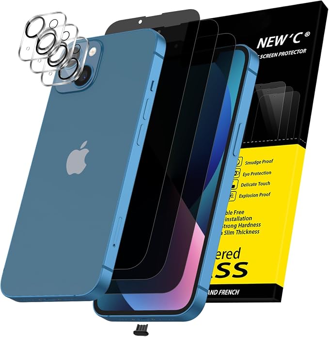 NEW'C 3x Privacy for iPhone 13 Screen Protector (6.1 inches)+ 3x Camera Lens Protector, Sensor Protection, Case Friendly Tempered Glass Film + Dust Plug- Enhanced Privacy Angle of 28 Degrees by NEWC