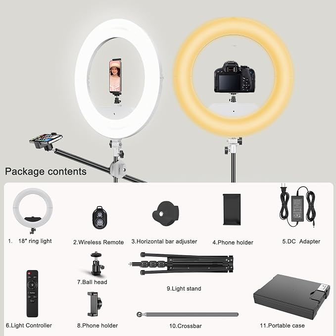 55W18 45cm Ring Light Kit [New Version] 6700K Dimmable LEDRinglightTripod Stand Dual Phone Holder for iPhone Selfie Makeup LashTattoo Studio Lighting Painting,Photo Video Recording (White) - Image 8