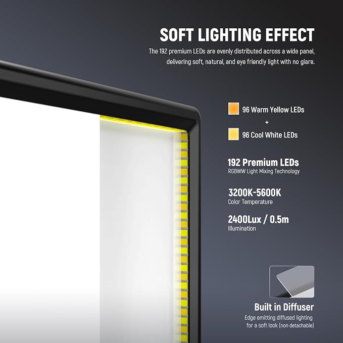 NEEWER Basics 13" LED Video Light Panel, 20W Ultra Thin Bi Color, NL-192B | Dimmable DSLR Camera Soft Key Lighting for Streaming, Photo Studio Photography, Podcast Recording, 8000mAh, 3200-5600K CRI97+ - Image 4