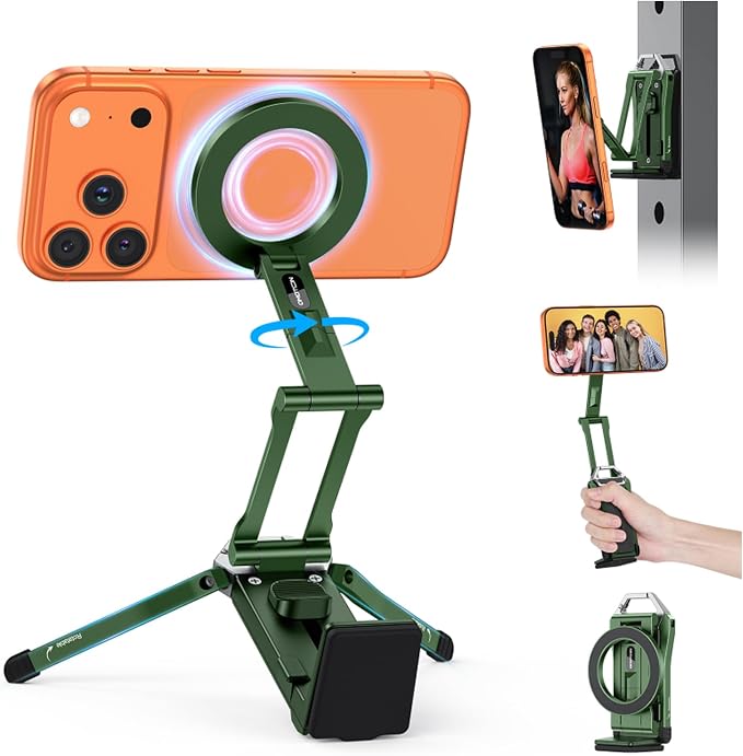 OMOTON TP02 360°Rotating Adjustable Aluminum for MagSafe Tripod Mount,Green | Magnetic Phone Tripod for iPhone 17/16/15 Pro Max Air, Foldable Cell Phone Stand Fits Vlog, Gym Travel Essentials Accessories by OMOTON