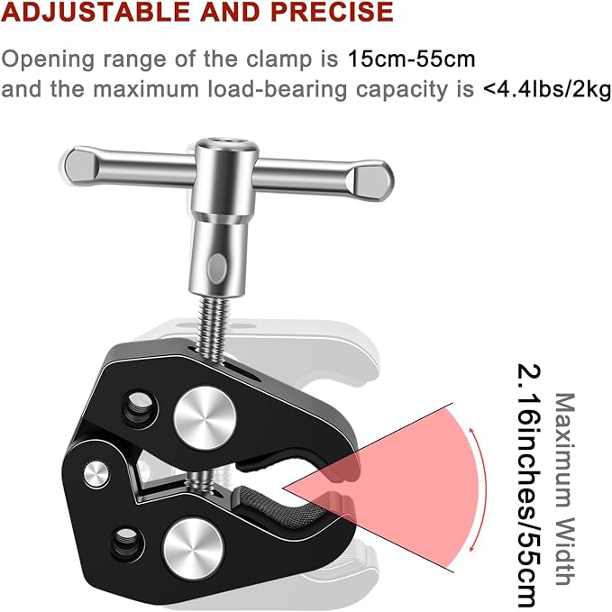 Super Clamp Mount with 5 x 1/4" & 3/8" Threaded Holes – Versatile Camera Clamp for Tripods, Umbrellas, Lights, Shelves, Glass, & More - 2 Pack - Image 3