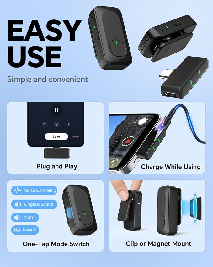 Wireless Lavalier Microphone for iPhone, Android & Laptop | Mini Lapel Mic with 50H Charging Case, 100FT Wireless Range, Noise Reduction for Video Recording, Streaming & TikTok - Image 6