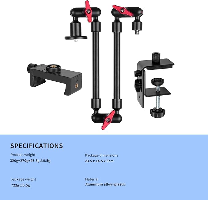 Magic Arm with Clamp, Long Articulating Arm Camera Mount, Adjustable Phone Mount Holder 360° Rotation, Mic Arm for Microphone, LED Lights, for Phone, Tripod, Desk, Table - Image 6