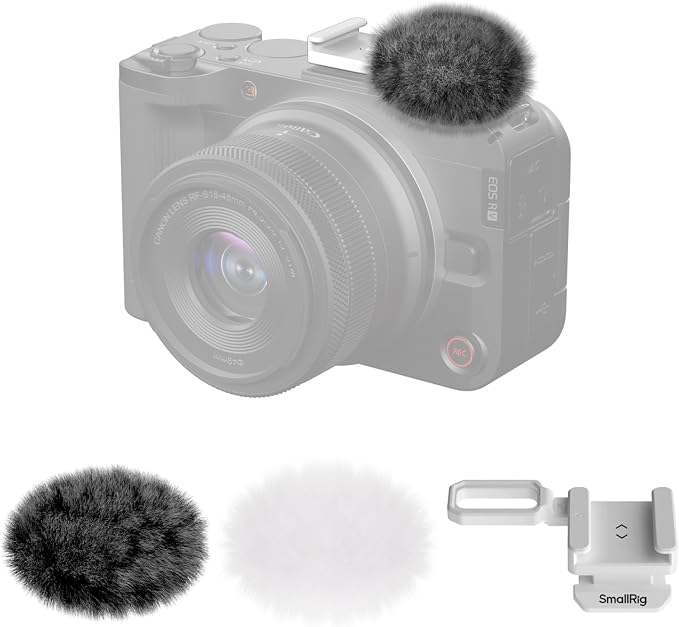 SmallRig Furry Windscreen Kit (2pcs) for Canon EOS R50 V Camera, Cold Shoe Adapter with Wind Muff, Noise-Reduction, Includes Gray and White, for Light Microphone Attachment - 5434 by SmallRig