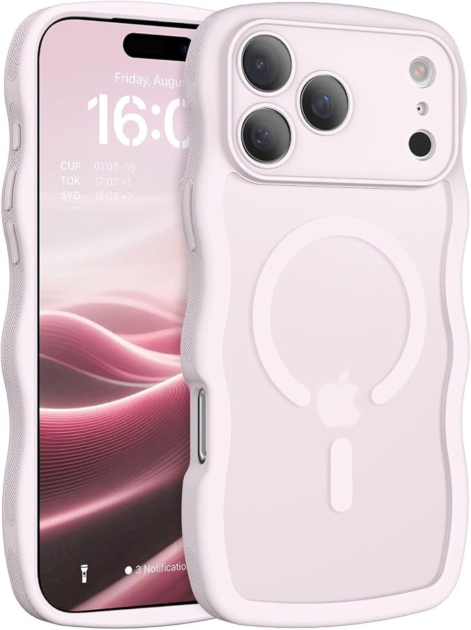 BENTOBEN Magnetic for iPhone 17 Pro Max Case, Cute Wavy [Full Camera Protection][Compatible with MagSafe] Matte Anti-Slip Bumper Women Girls Boys Protective Cover for 17 ProMax 6.9", Gray-Pink by BENTOBEN