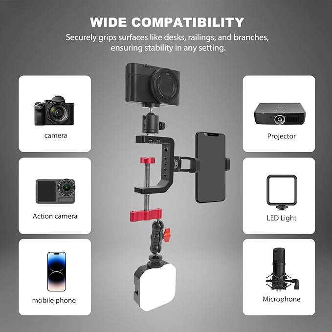 C Clamp Desk Camera Mount, Aluminum Table C-clamp with 1/4" 3/8" Thread, Desktop DSLR Mount for Photo Studio Video Camera, Light Stand, Desk, Rods, Shelves, Bike, Max Clamp 2.36" (62021) - Image 5